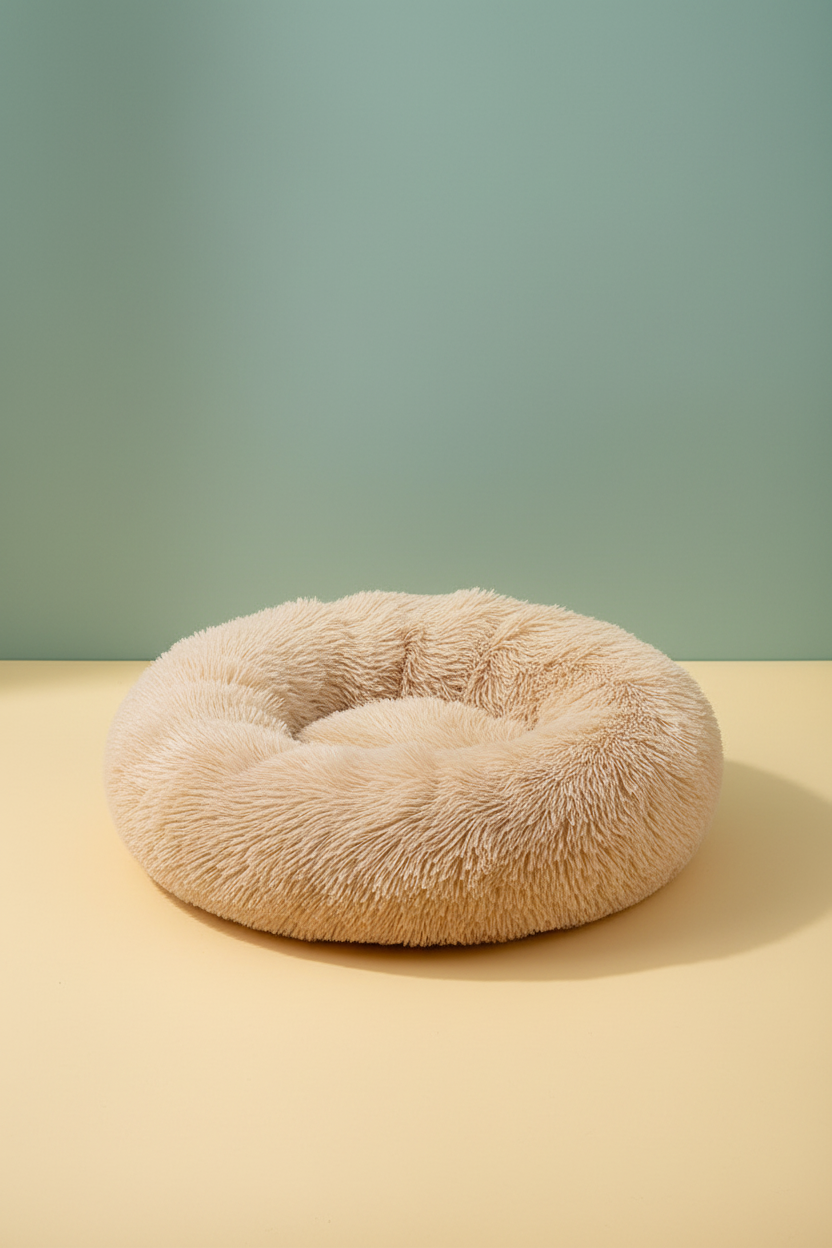 Beige fluffy pet bed