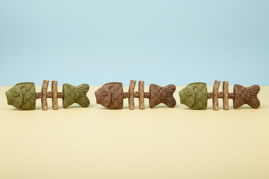 Fishbone chew toys - pastel yellow and blue